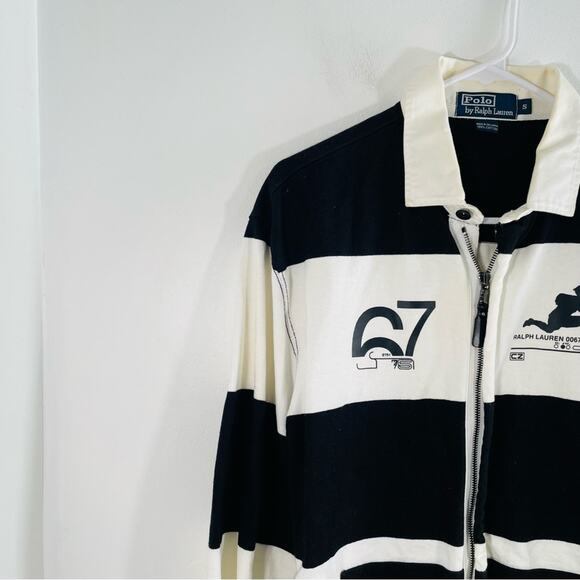 Vintage Polo Ralph Lauren White Black Stripe 67 Hurdles Rugby Zip Jacket Small - Picture 4 of 8